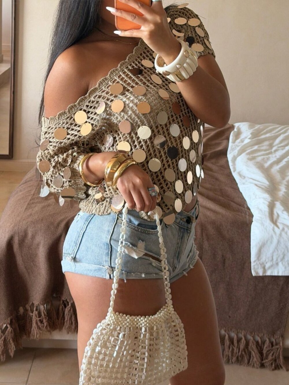 Sexy Khaki Casual Women's crochet  Hollow-Out Crop Top knit Sweater